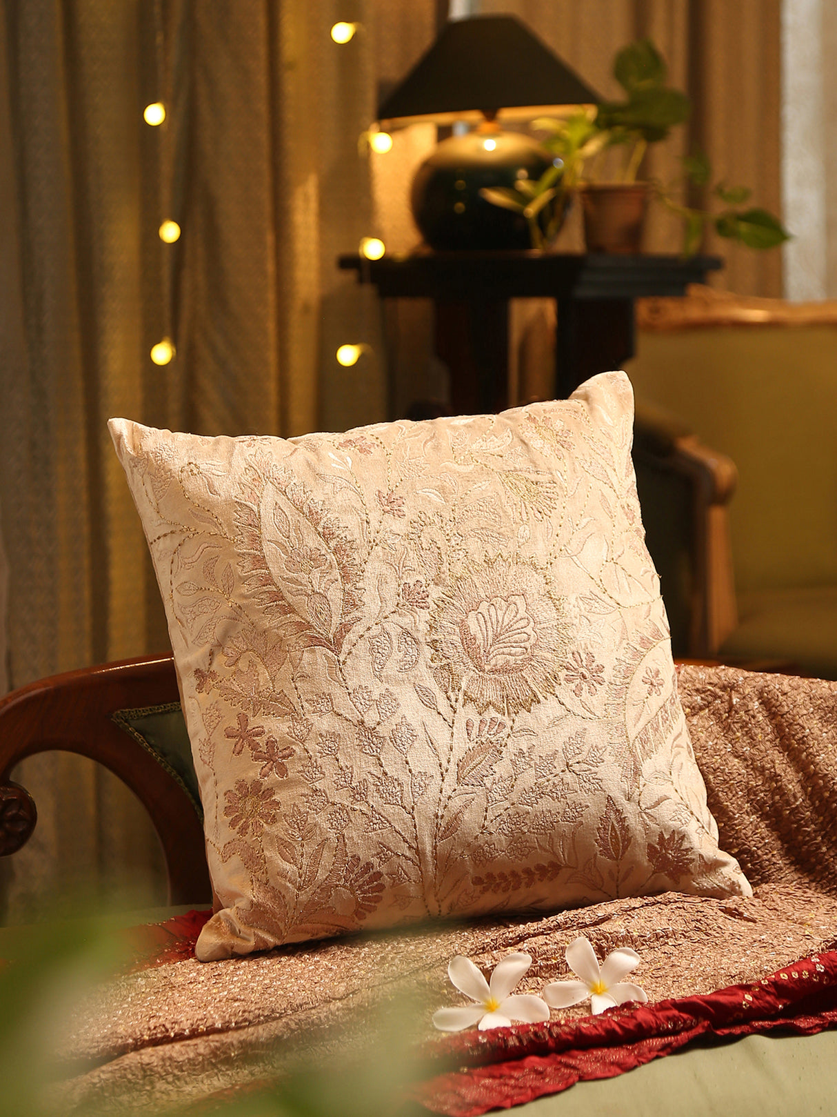Extensive Embroidery Beautiful Beige tone embroidered cushion cover with hint of gold in Beige Viscose Velvet