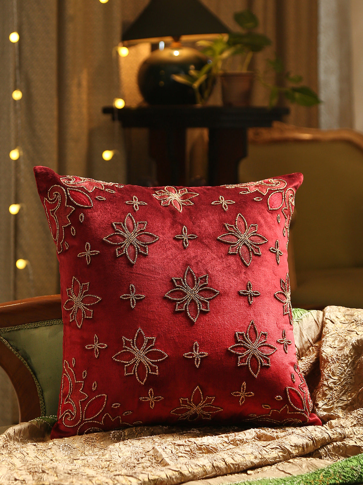 Beautiful burgundy tone hand beaded cushion cover with embroidery in viscose velvet