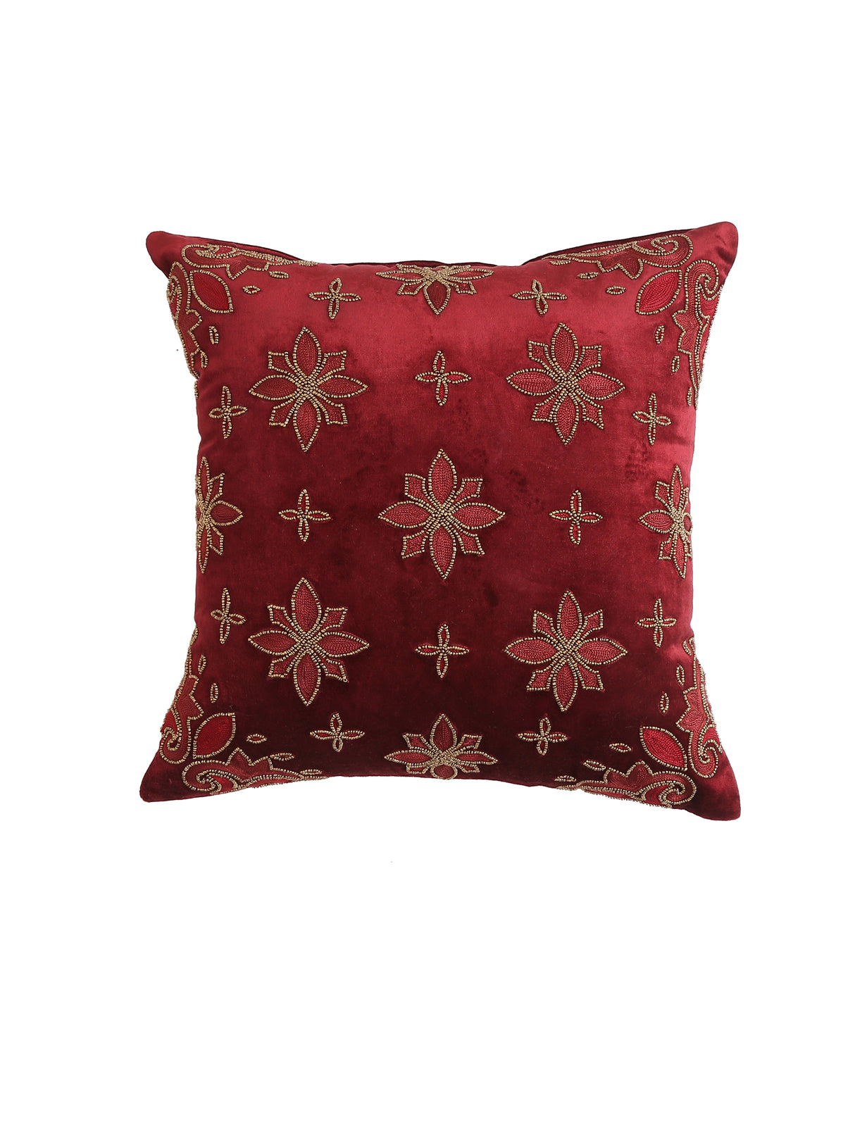 Beautiful burgundy tone hand beaded cushion cover with embroidery in viscose velvet