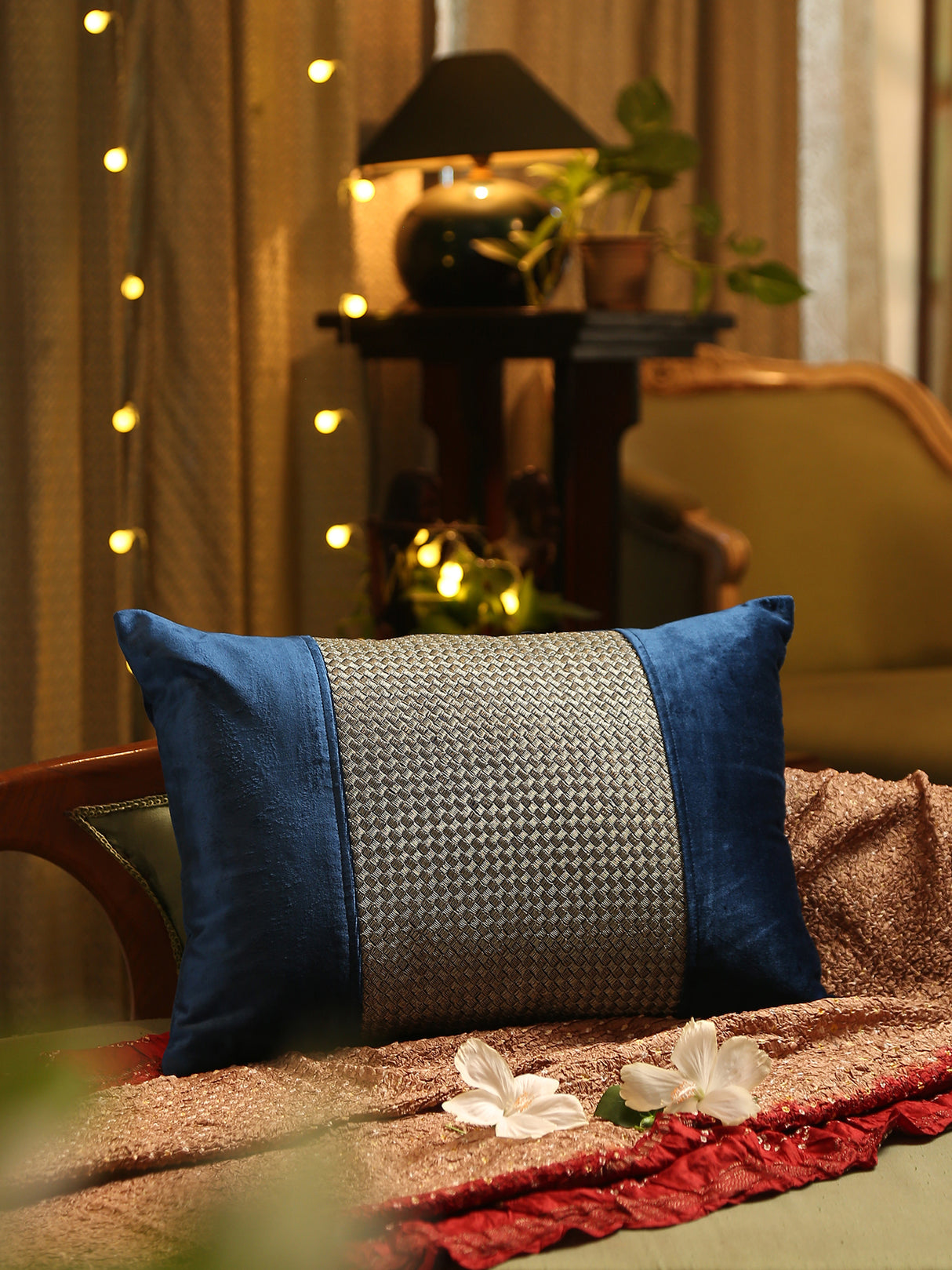 Elegant Blue viscose velvet cushion cover with zari embroidery