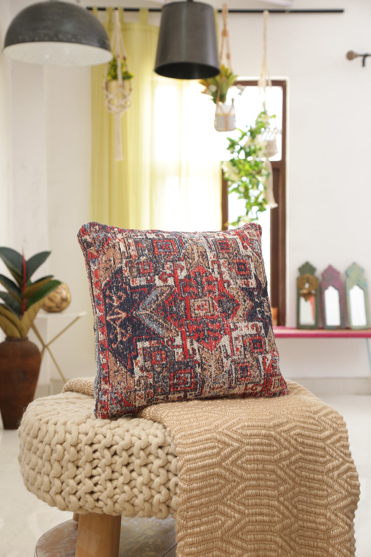 Jacquard Cotton Chenille Cushion cover in Persian motif - Multicolor