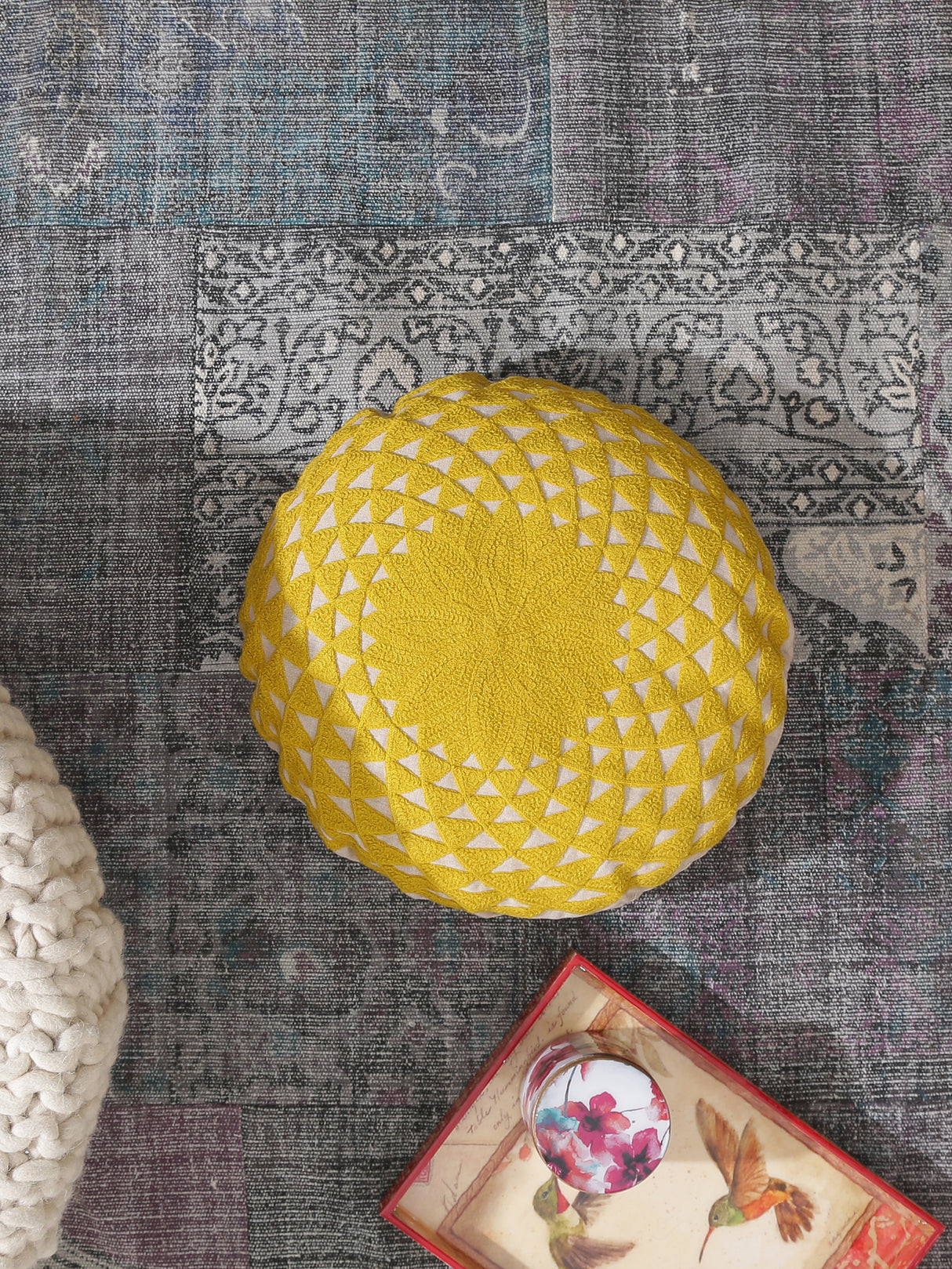 Seat pouf / cushion cover in beautiful mandala embroidery in Yellow