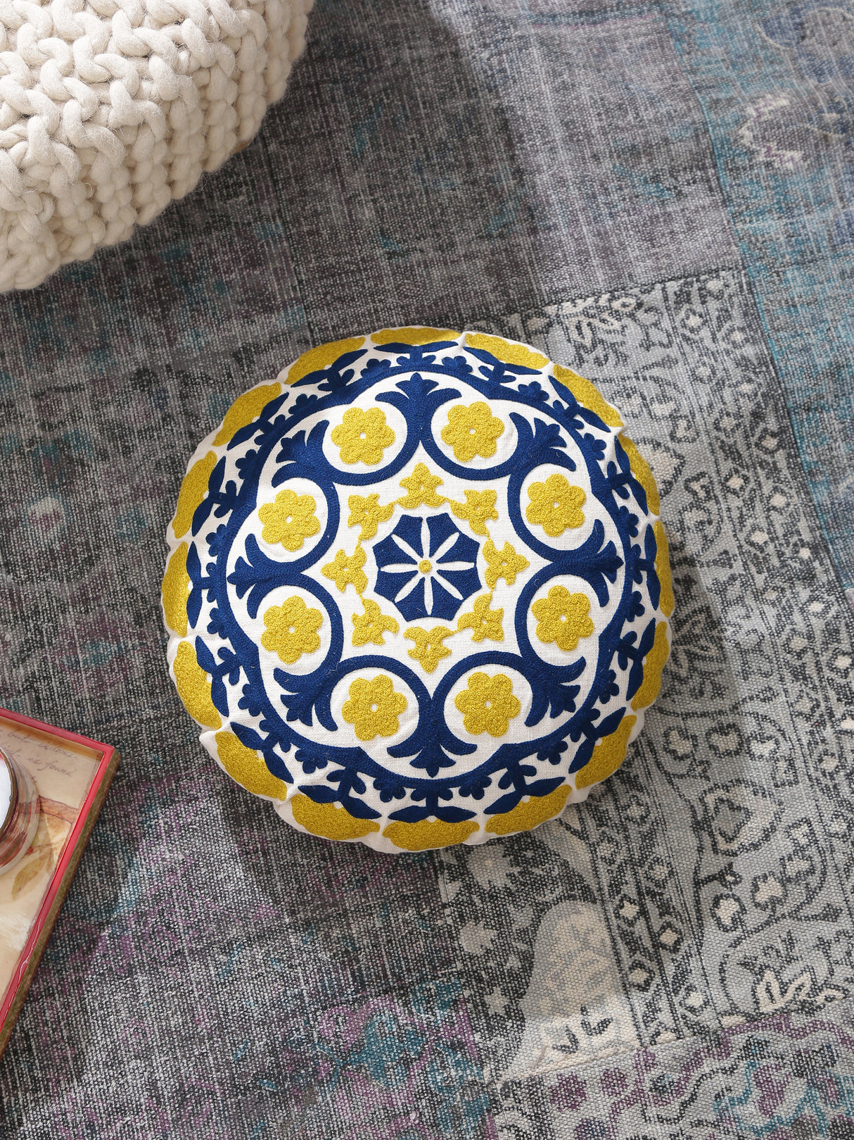 Seat pouf / cushion cover in beautiful mandala embroidery in Blue & Yellow