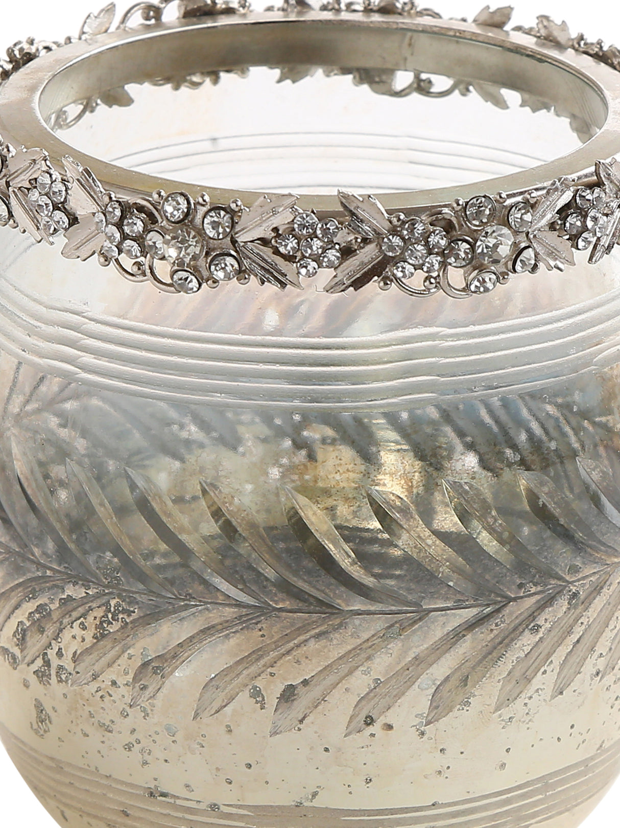 Exclusive Design Glass votive with removable jeweled metal ring in Mercury finish- L