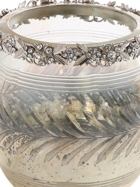 Exclusive Design Glass votive with removable jeweled metal ring in Mercury finish- L