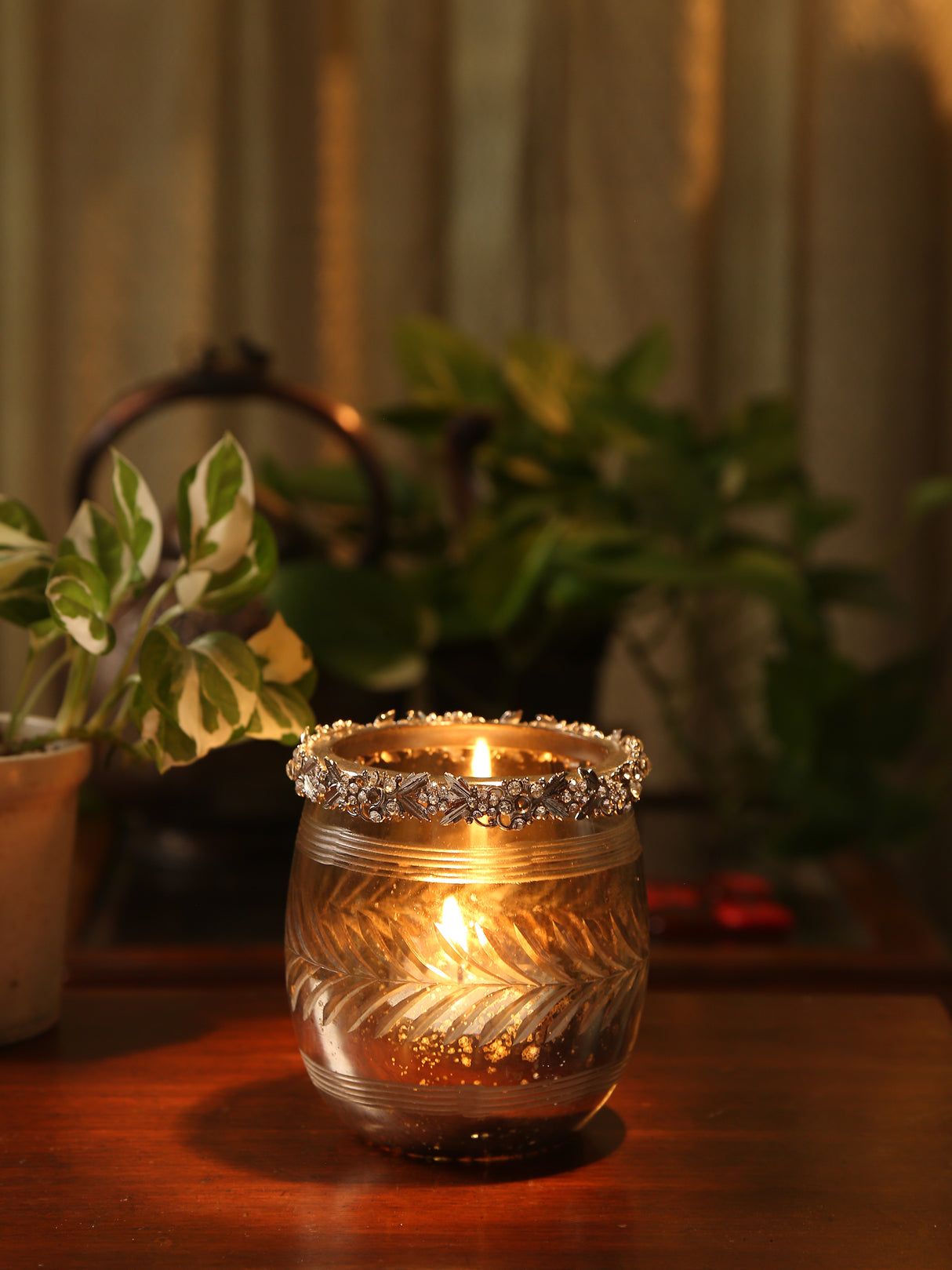 Exclusive Design Glass votive with removable jeweled metal ring in Mercury finish- S