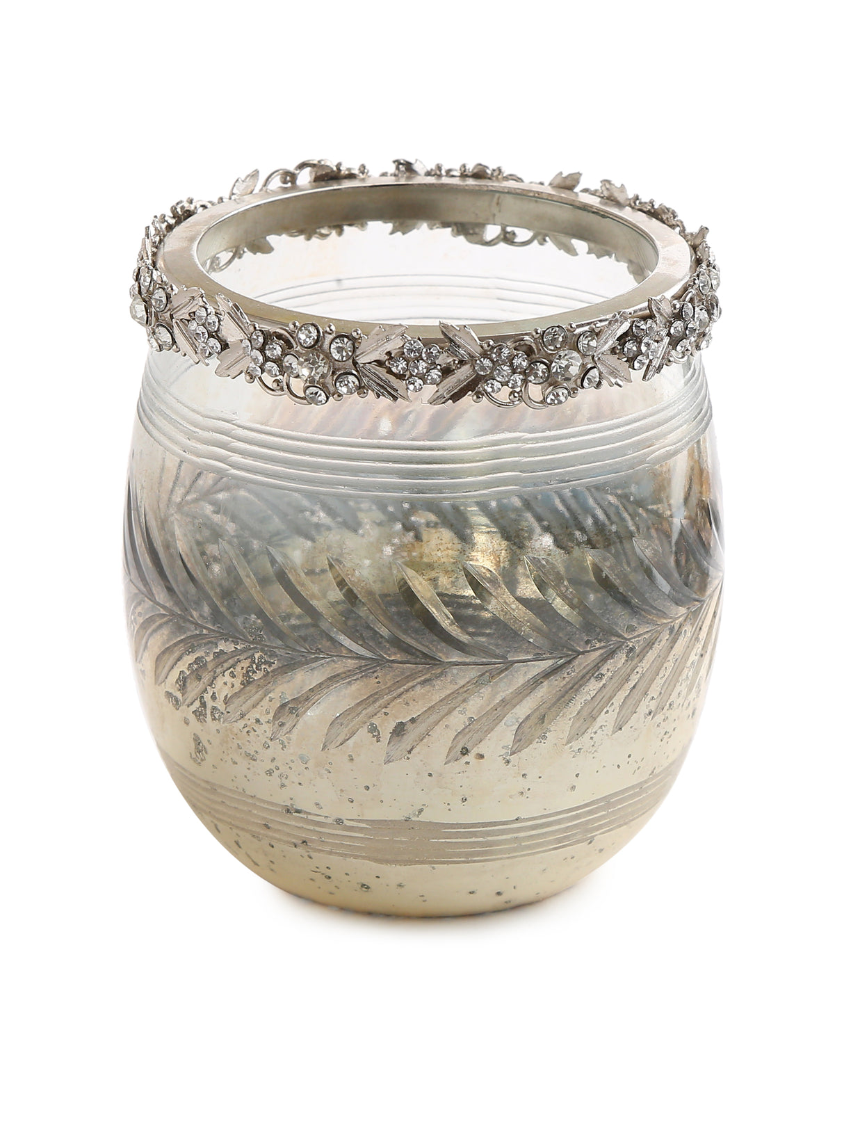 Exclusive Design Glass votive with removable jeweled metal ring in Mercury finish- S