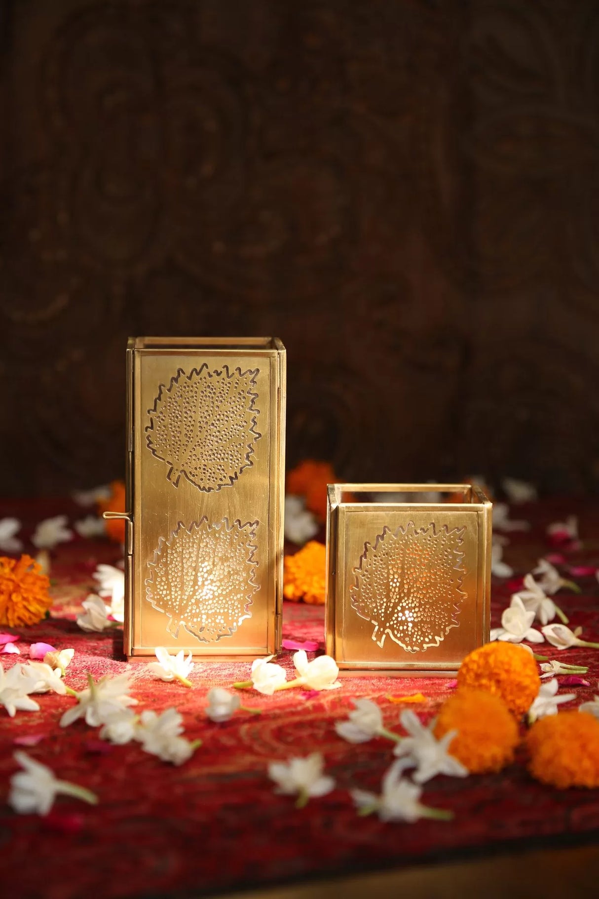 Candle Holders - Antique Gold And Glass Leaf Design Set of 2