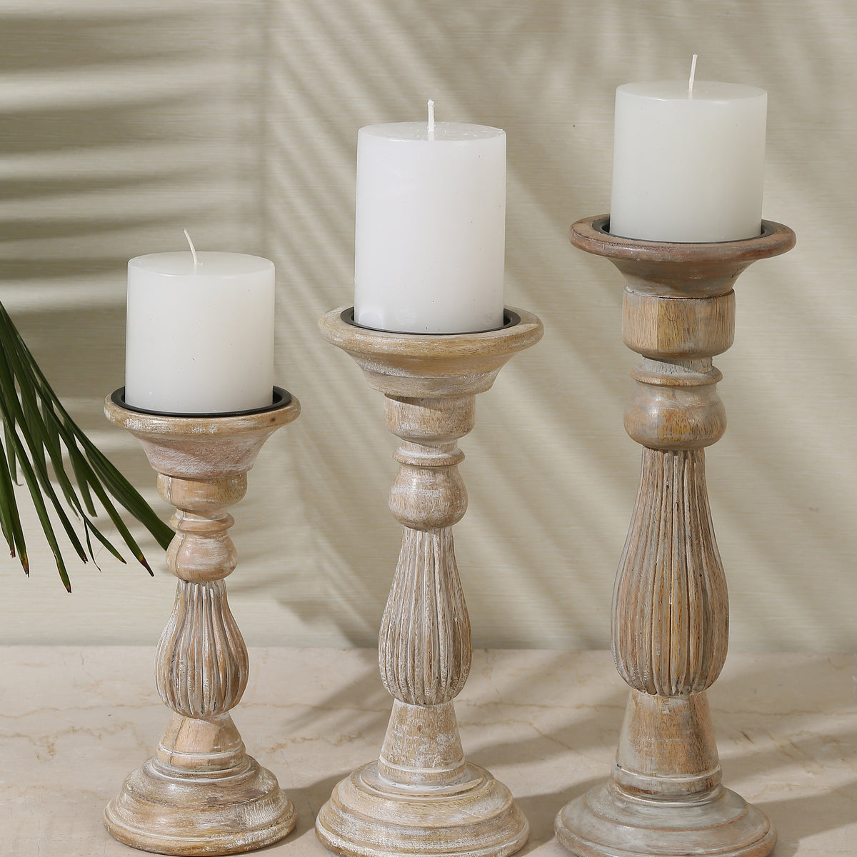 Wooden carved pillar candle holders set of 3 – Revive Home