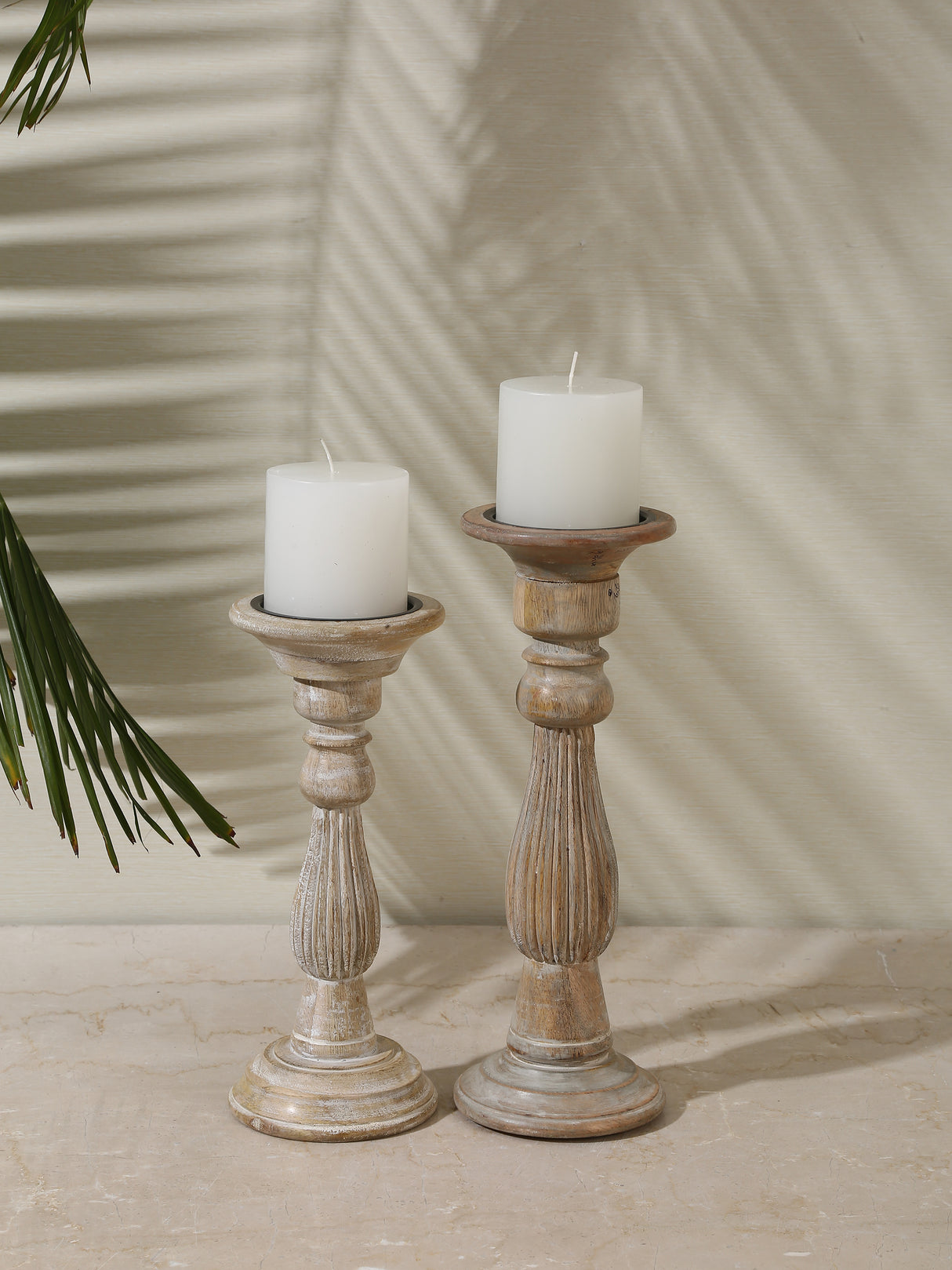 Wooden carved pillar candle holders set of 3
