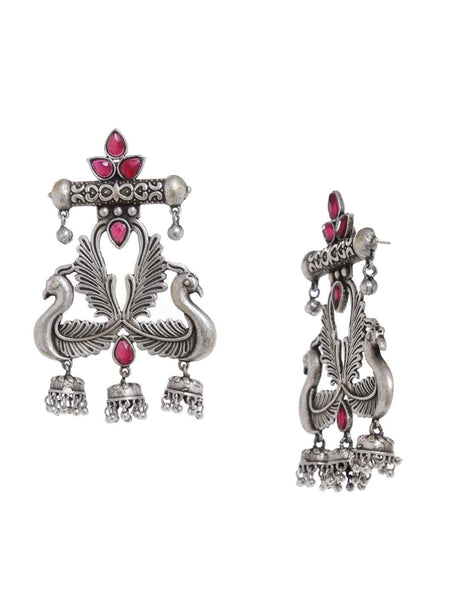 Earrings - Silver Tone With Pink Stones