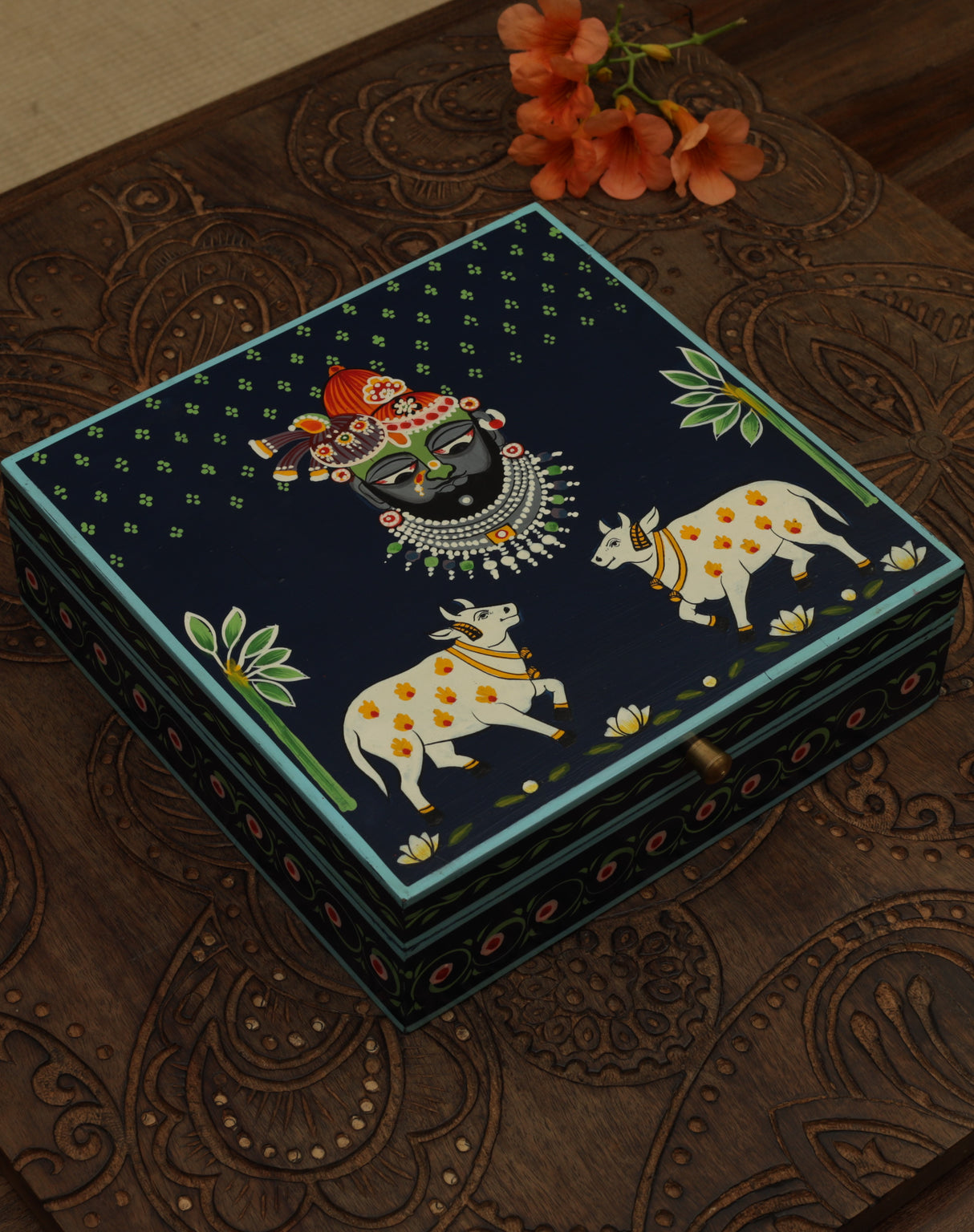 Pichwai Krishna Painted Box - Dark Blue