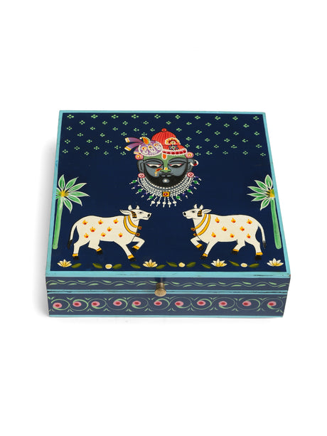 Pichwai Krishna Painted Box - Dark Blue
