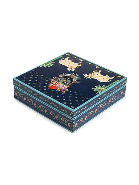 Pichwai Krishna Painted Box - Dark Blue