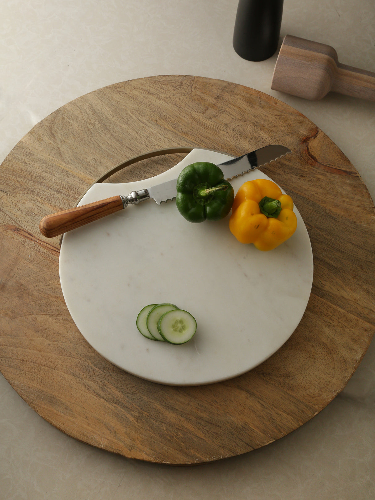 Chopping Board - Marble Cheese Board Cum Platter With Matt Gold Handle And Cheese Cutlery