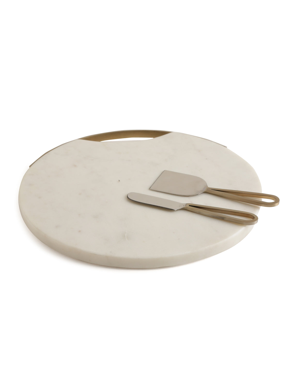 Chopping Board - Marble Cheese Board Cum Platter With Matt Gold Handle And Cheese Cutlery