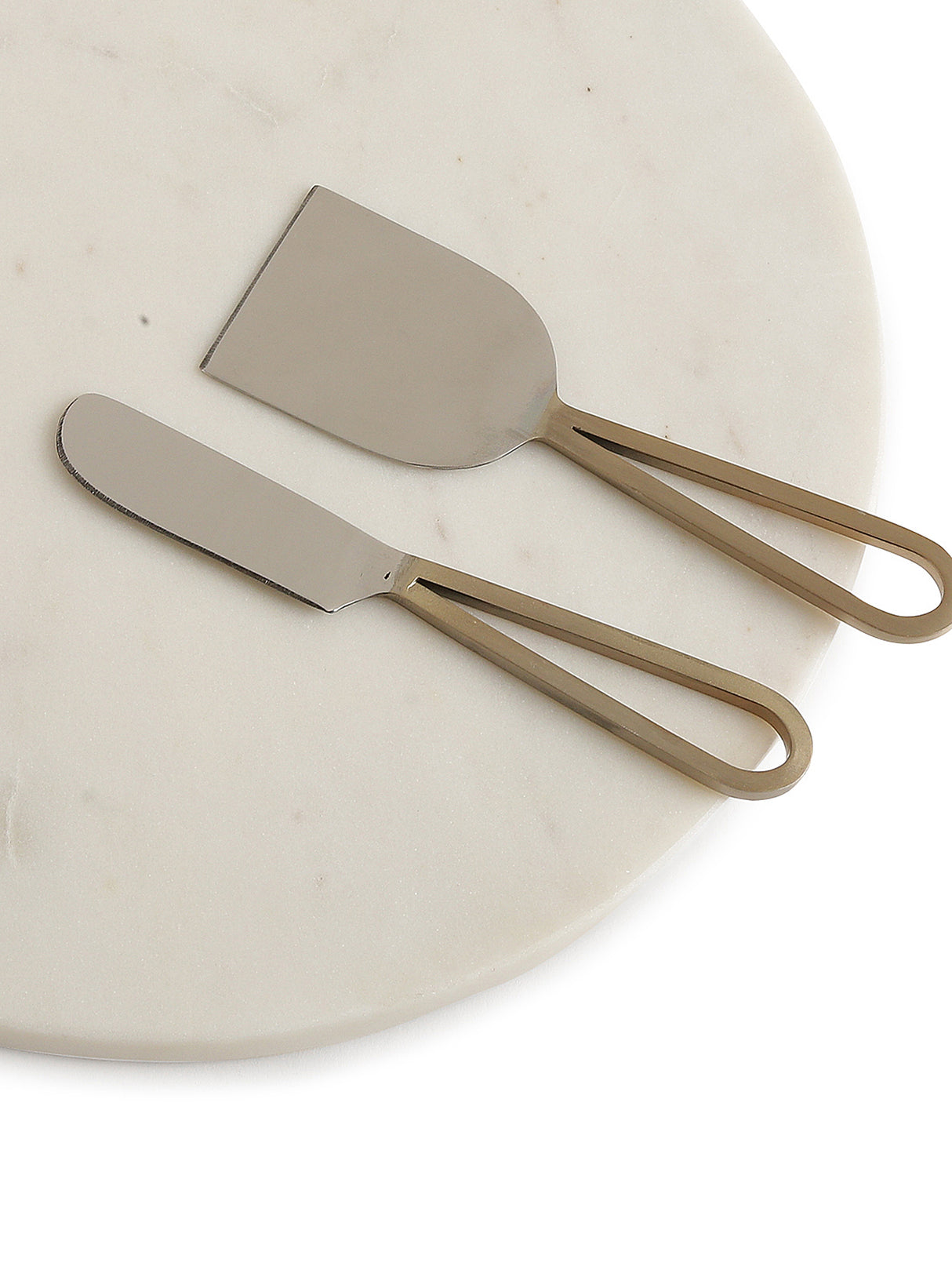 Chopping Board - Marble Cheese Board Cum Platter With Matt Gold Handle And Cheese Cutlery