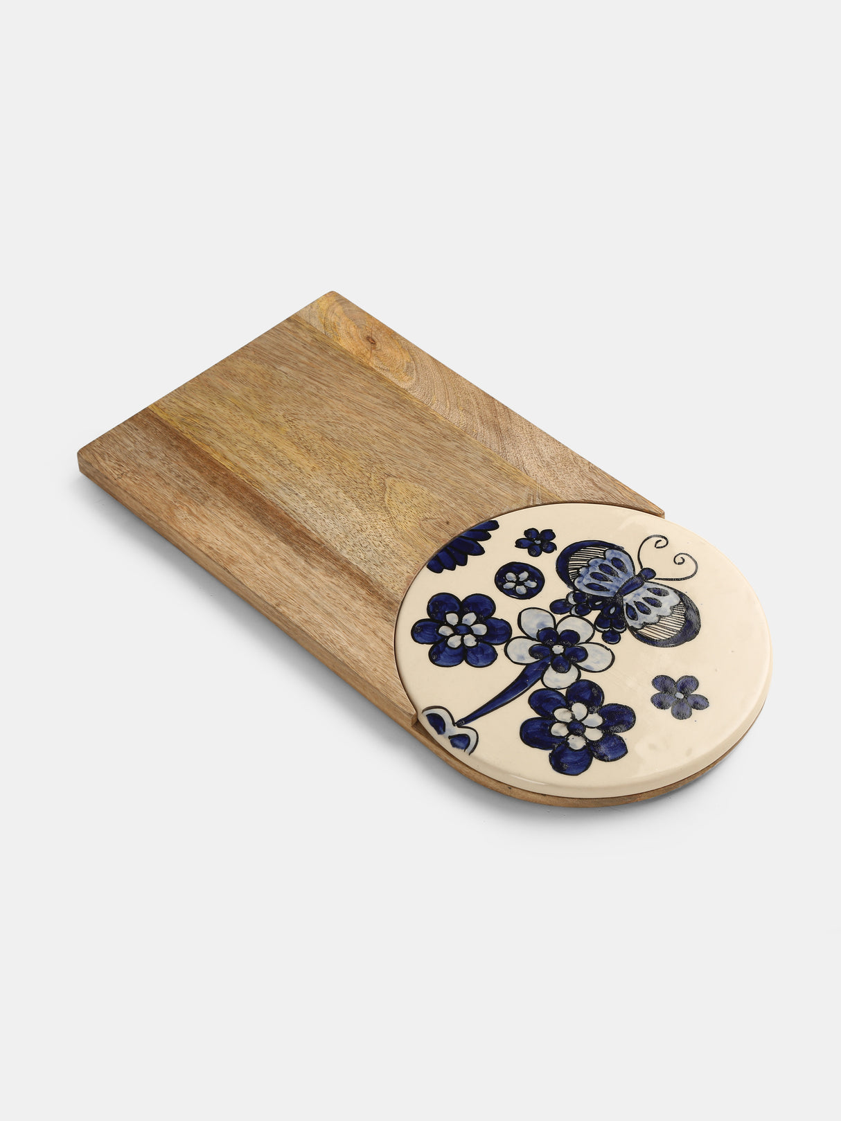 Chopping Board - Wood and Ceramic Cheese Board Cum Platter With Hand Painted Details