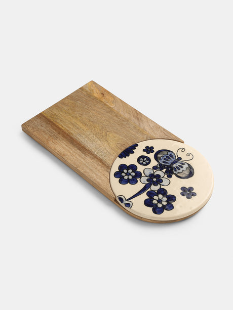 Chopping Board - Wood and Ceramic Cheese Board Cum Platter With Hand Painted Details