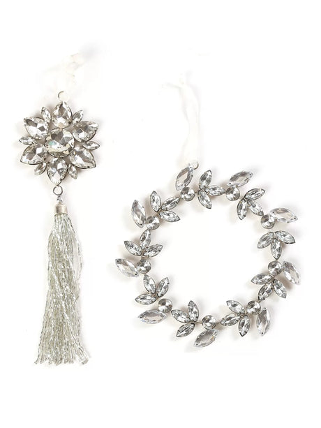 Crystal Star Ornament with Beaded Tassel & Crystal Wreath (Set-of-2)-Silver