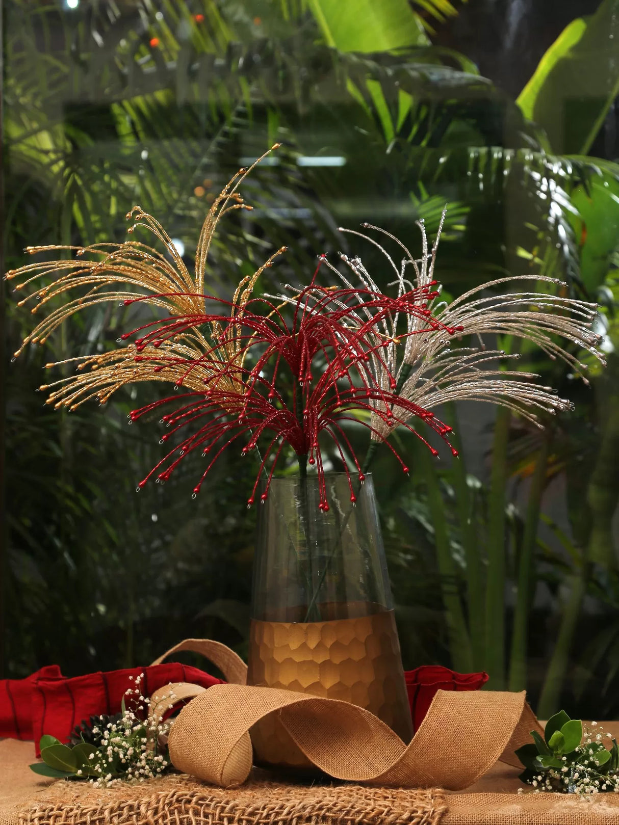 Beaded Tree in Gold Silver & Red