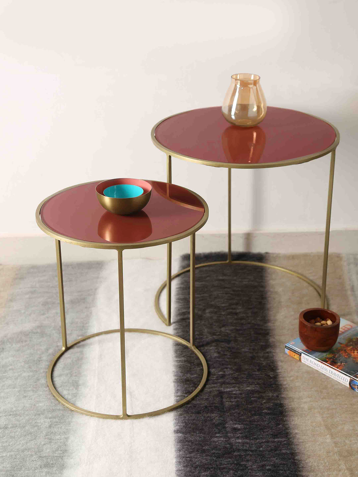 Nesting Tables - Pale Ruby Color Glass Top - Set of 2