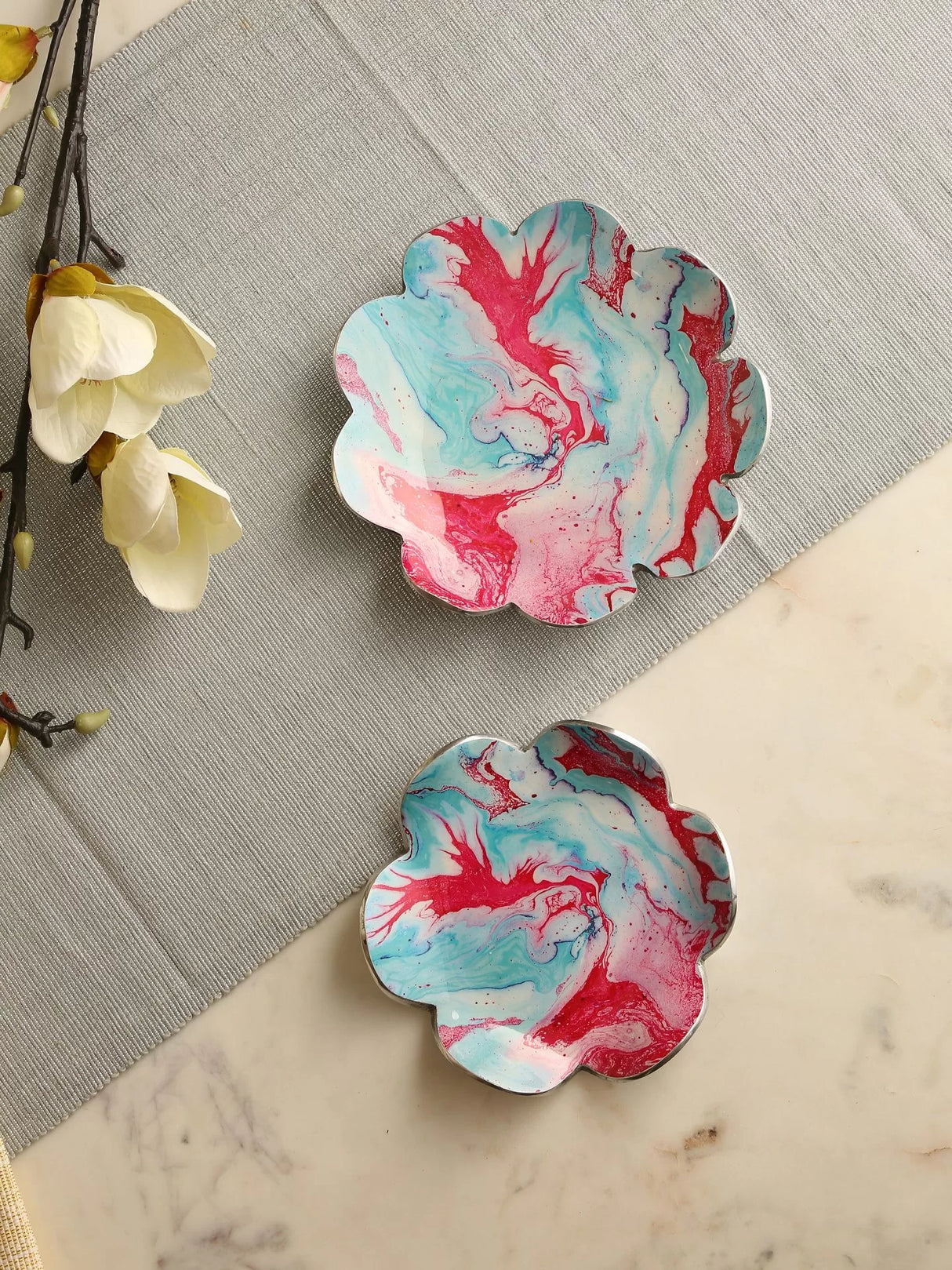 Enameled Platters - Blue & Red Set of 2