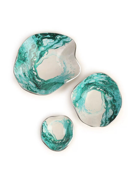 Enameled Platters - Green And White Set of 3