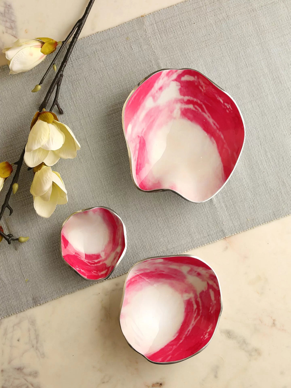Enameled Platters - Pink And White Set of 3