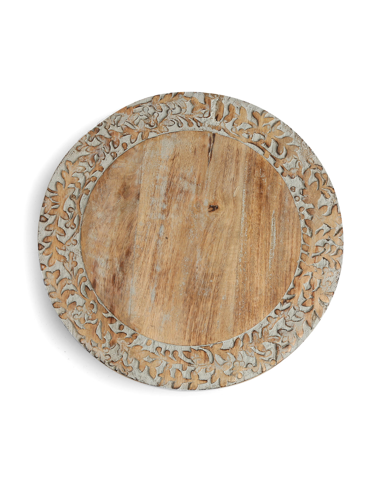 Chopping Board - Grey White Wash Finish Lazy Susan Platter With Hand Carved Border