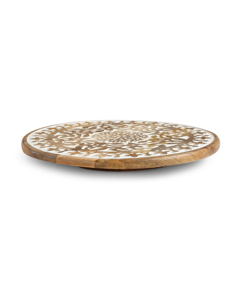 Chopping Board - Extensively Carved Lazy Susan Platter In White Wash Finish