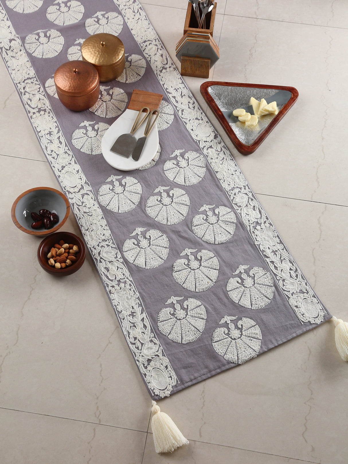 Table Runner - Moghul Design Inspired with White Floral Embroidery on Grey