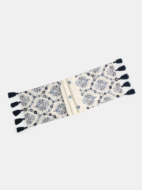 Stylish Amber Sky - Embroidered Off-White and Blue Table Runner with Tassels