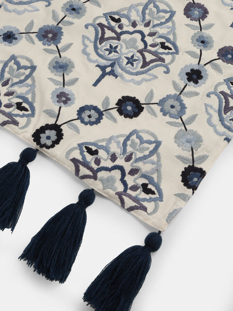 Stylish Amber Sky - Embroidered Off-White and Blue Table Runner with Tassels