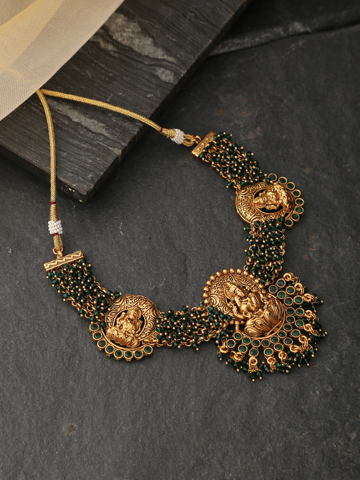 Laxmi temple necklace with green glass beads