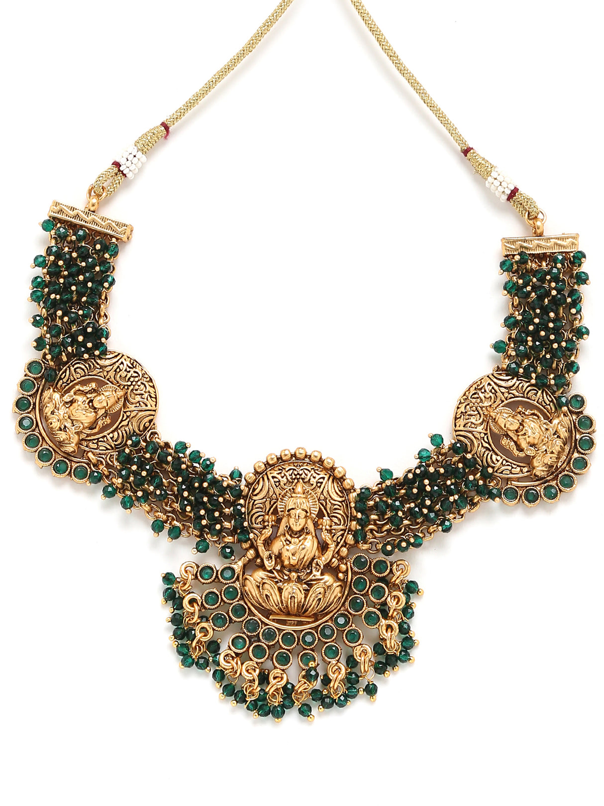 Laxmi temple necklace with green glass beads