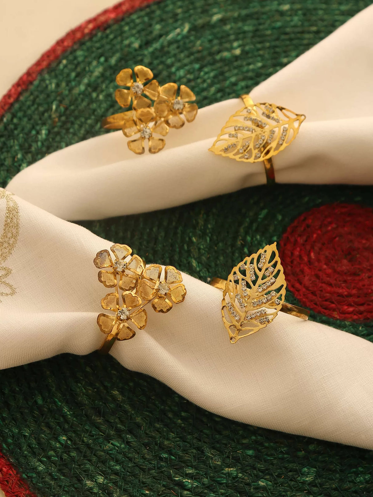 Napkin Rings - Gold Tone Flower and Leaf Design Set of 4