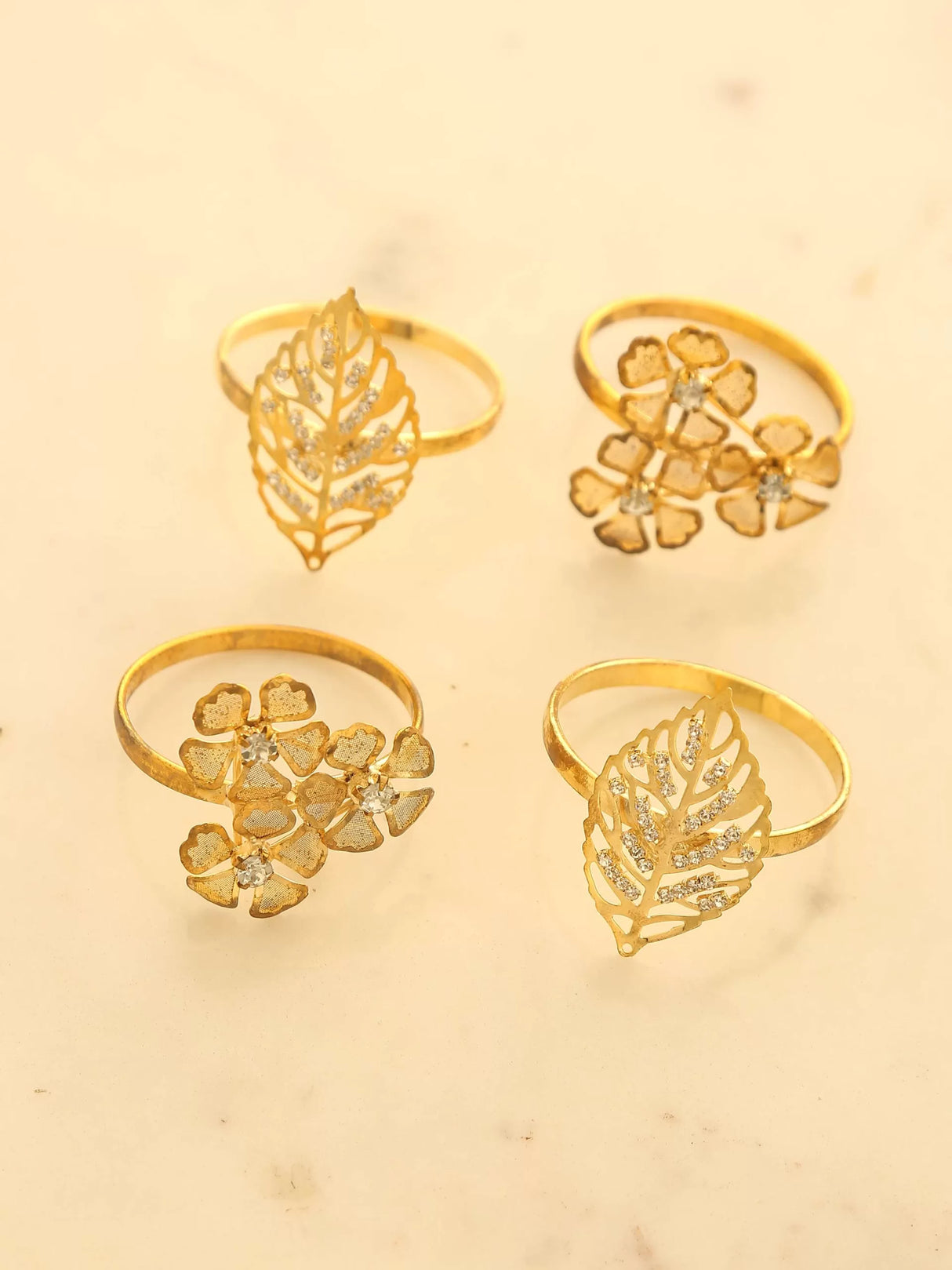 Napkin Rings - Gold Tone Flower and Leaf Design Set of 4