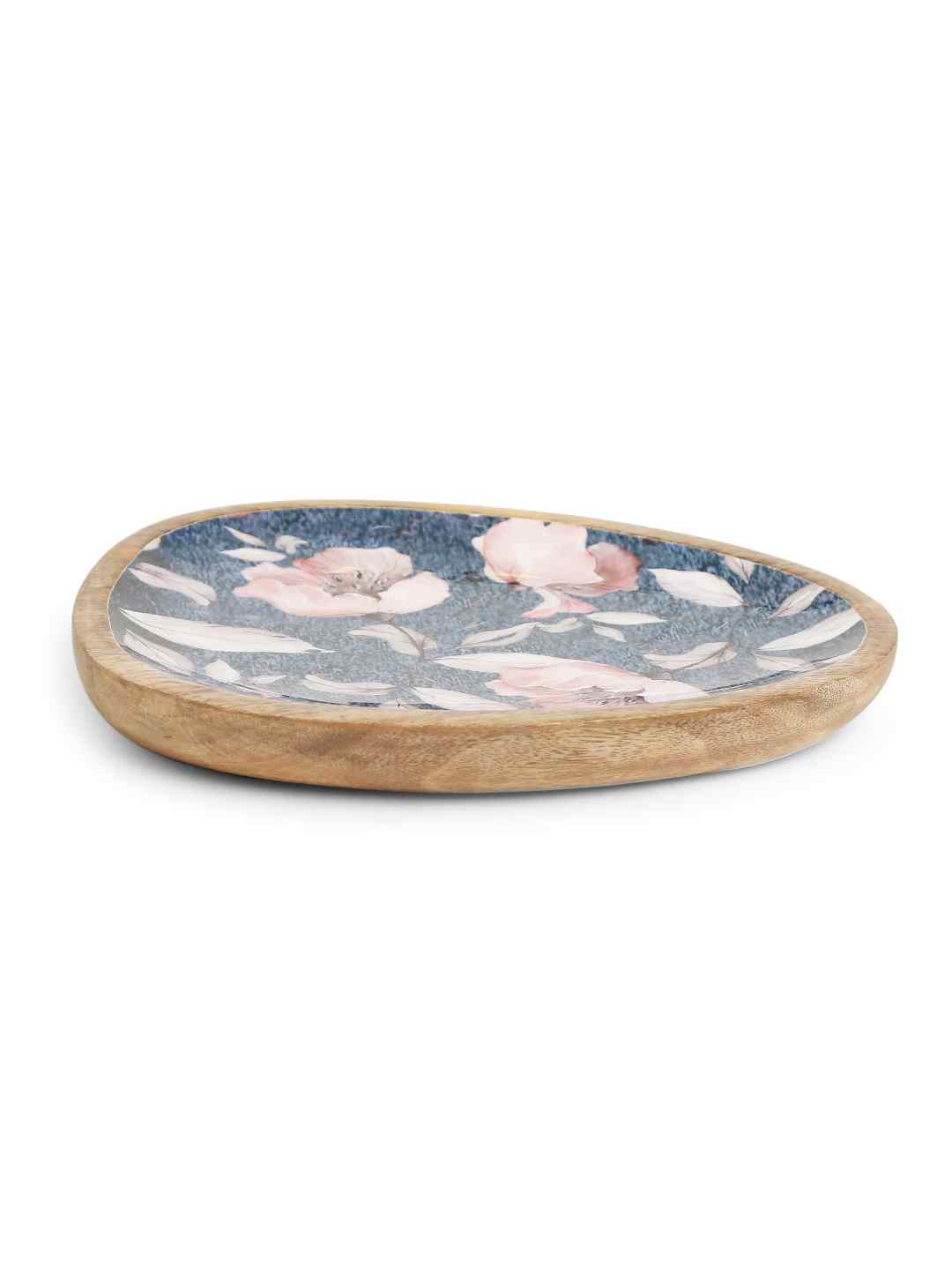 Wooden Platter - Blue With Flower Design