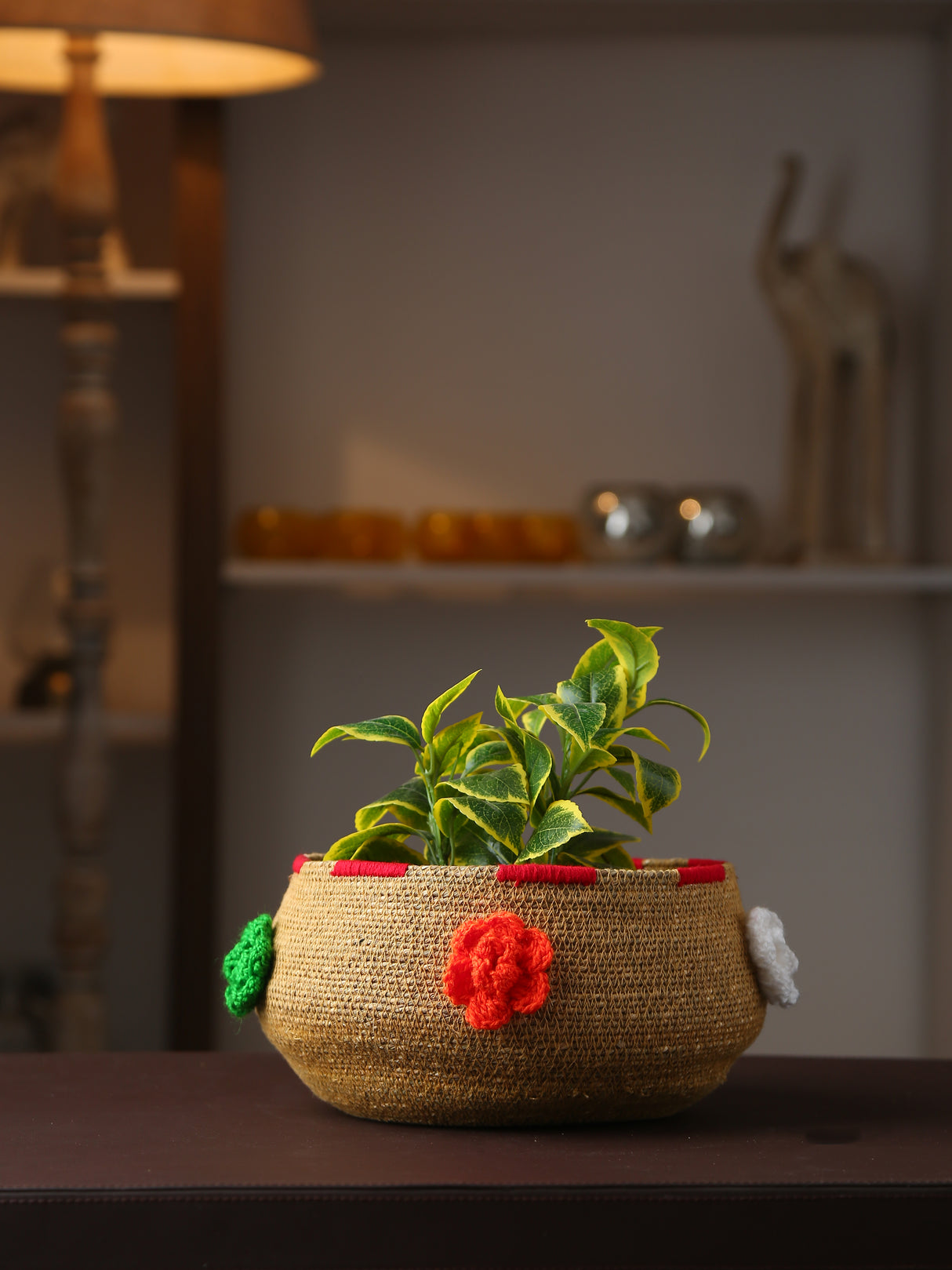 Multi-Utility Jute Basket with Colorful flowers