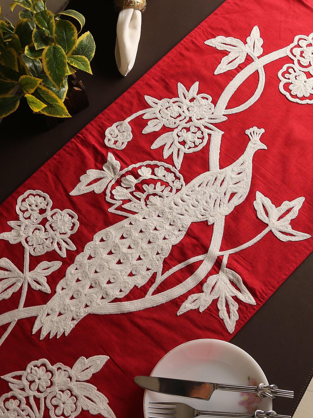 Table Runner - Red and White Embroidered With A Peacock Design