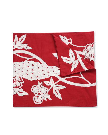 Table Runner - Red and White Embroidered With A Peacock Design