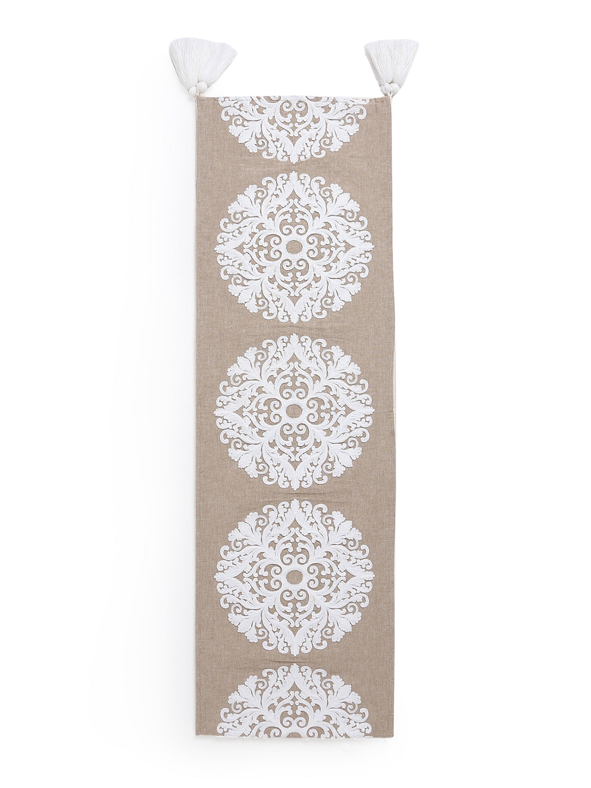 Elegant Ivory embroidered cotton table runner in beige color