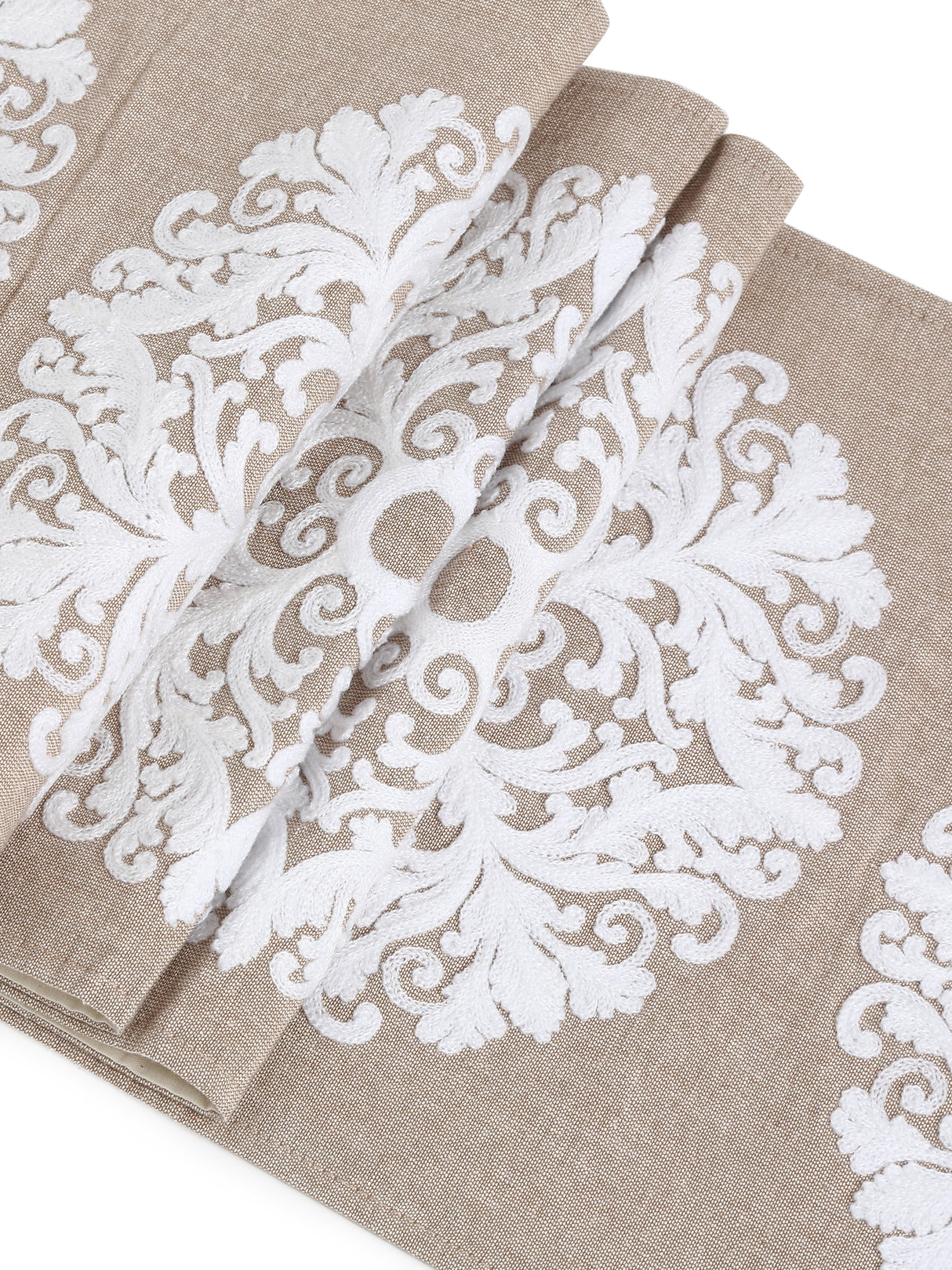 Elegant Ivory embroidered cotton table runner in beige color
