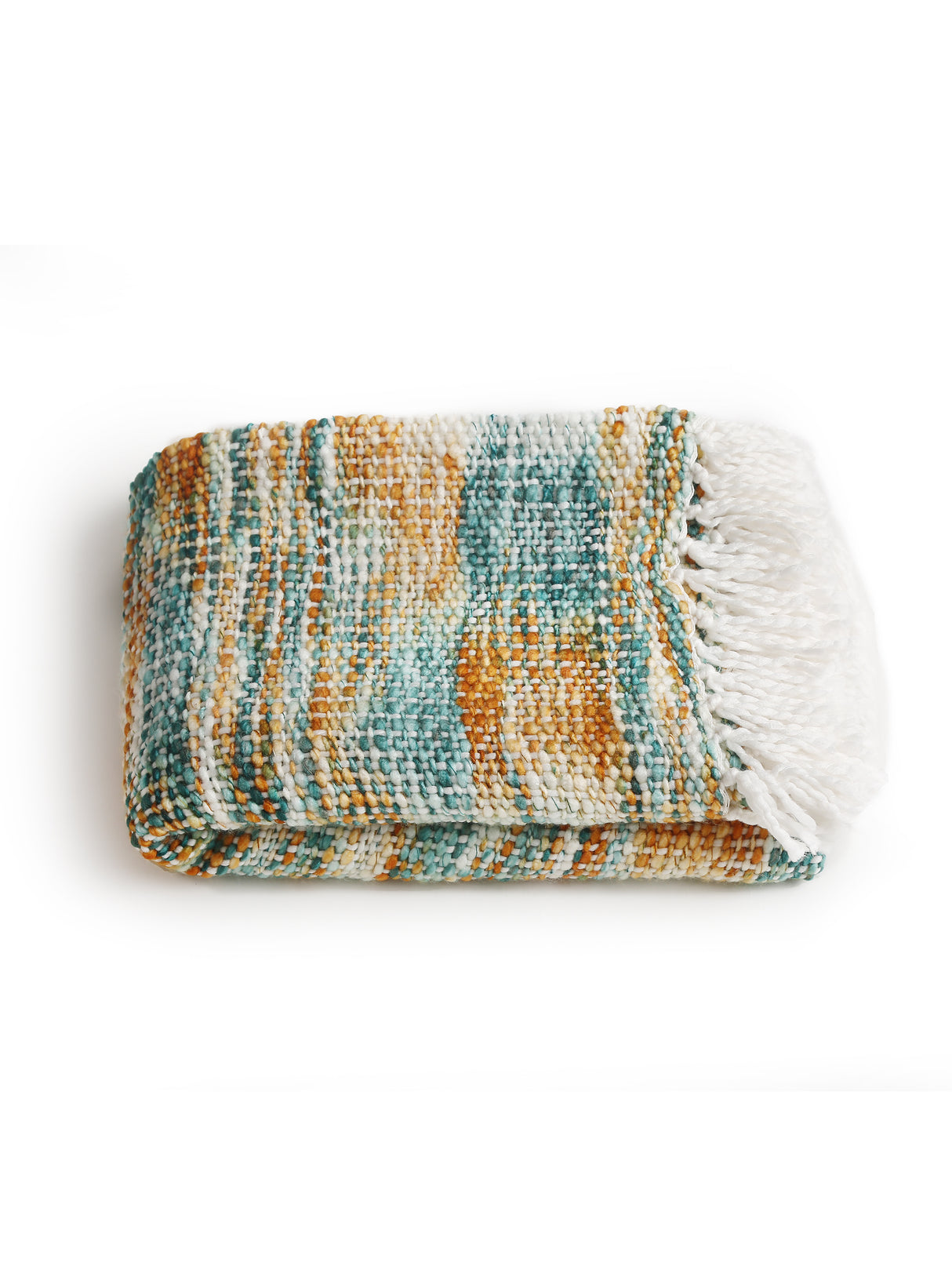 Soft Chunky Acrylic Wool throw in green, orange and multicolor weaving