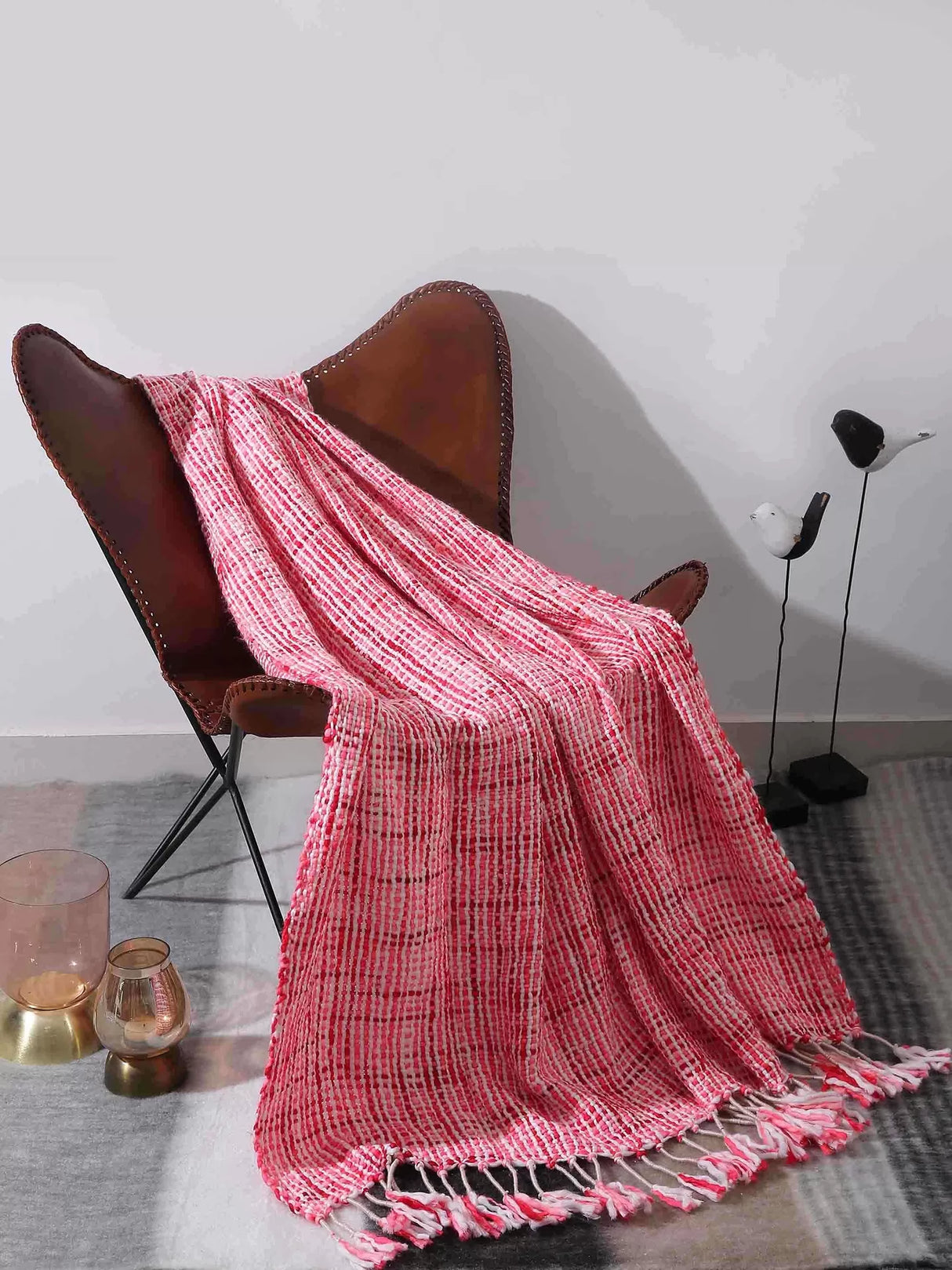 Wool Throw - Soft Chunky Acrylic In Hues of Fuchsia Mixed With White Weaving