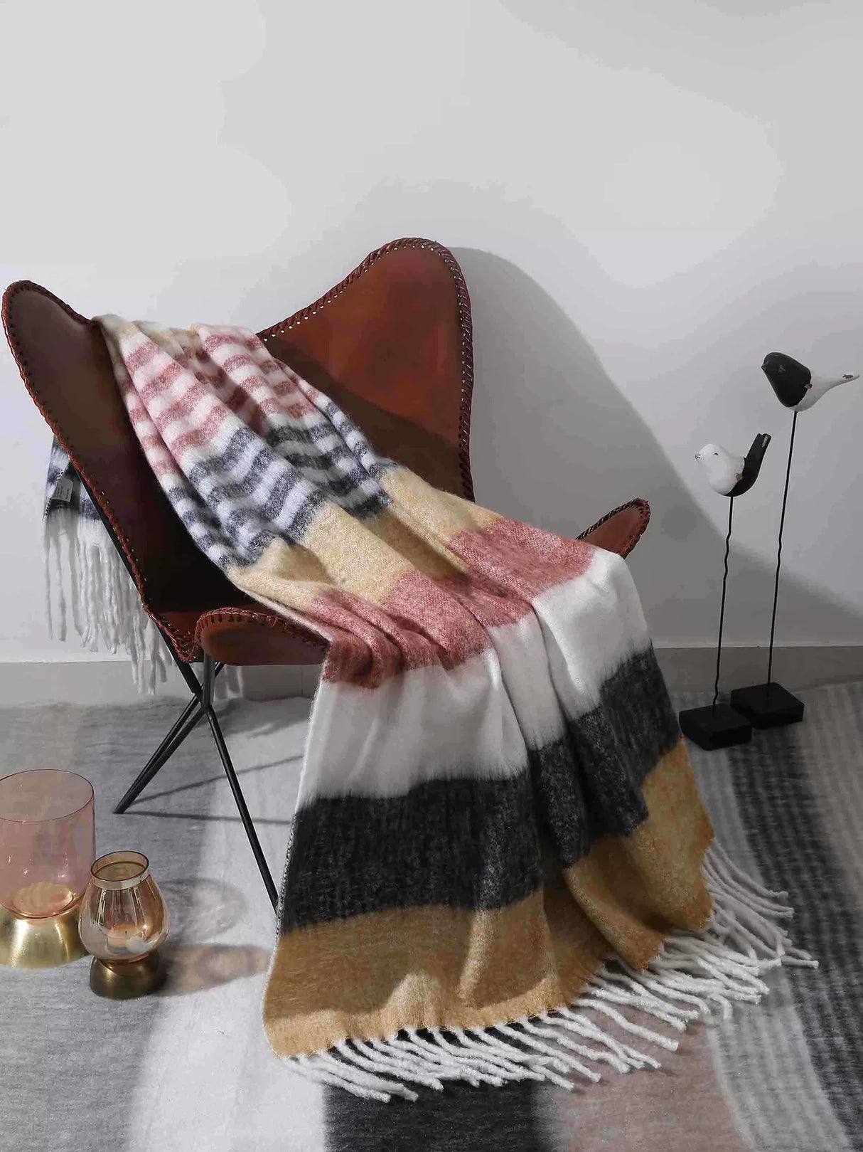 Acrylic Throw - Soft Wool In Hues Of Mustard, Rust, Ivory And Black
