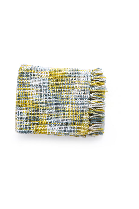 Soft Chunky Acrylic Wool throw in green, yellow and ivory weaving with multicolor or white tassels.