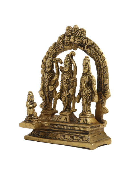 Brass Ram Darbar sculpture with intricate detailing, depicting Lord Rama, Mata Sita, Lakshman, and Hanuman in a unified stance.