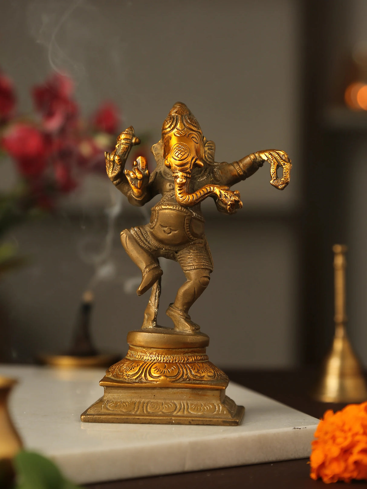 Brass Statue - Dancing Ganesh with Stone Finish Details